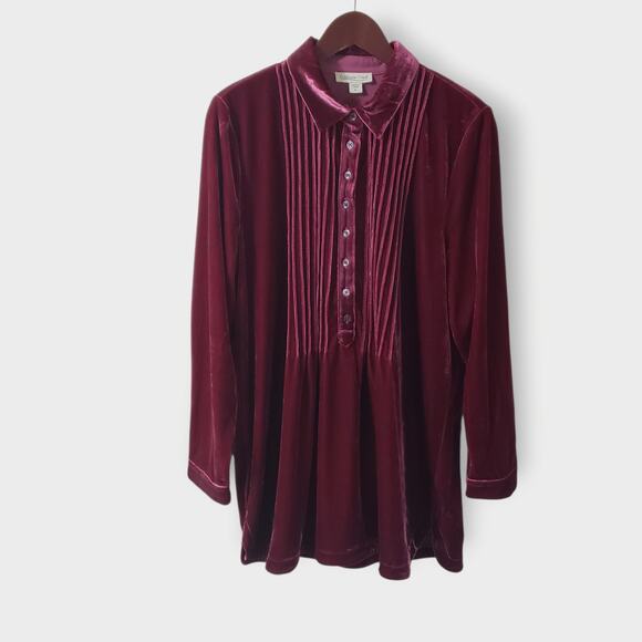 Coldwater Creek Tops - Coldwater Creek Velvet Pintuck Popover Tunic Top Burgundy Sz XL Collared